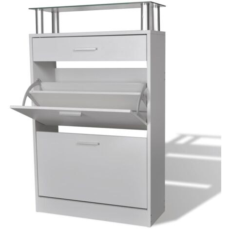 Scarpiera con Cassetto e Mensola Vetro Sopra in Legno Bianco