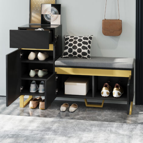 Scarpiera con panca imbottita e cassetto, mobile da ingresso 120x35x85 cm, dettagli dorati, MDF laccato nero