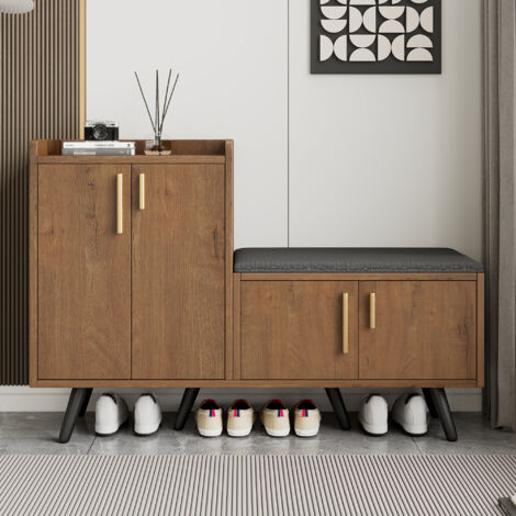 Scarpiera con panca portascarpe, 120x34x82cm, mobile contenitore ingresso, maniglie asimmetriche in metallo, naturale