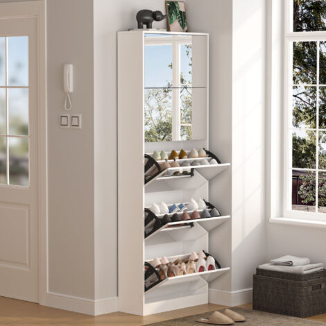 Scarpiera con specchio, 185 cm, 5 ante a ribalta a doppia fila (30 paia), MDF, bianco — mobiletto d'ingresso salvaspazio