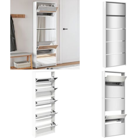 Scarpiera con Specchio a 5 Livelli Bianco Lucido 63x17x169,5 cm - Scarpiera con specchio - Scarpiera moderna