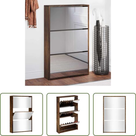 Scarpiera con specchio -  Scarpiera con Specchio a 3 Livelli Rovere fumo 63x17x102,5 cm