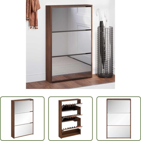 Scarpiera con specchio -  Scarpiera con Specchio a 3 Livelli Rovere marrone 63x17x102,5cm