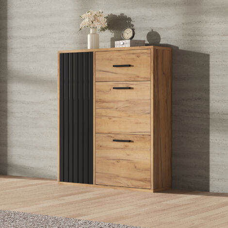 Scarpiera da ingresso, 1 cassetto, 3 ante, ripiani regolabili, finitura effetto legno opaco, 80×24×95,5 cm, naturale + nero
