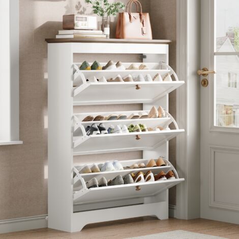 Scarpiera da ingresso 87x26x120 cm con 3 ante a ribalta, chiusura ammortizzata, MDF bianco, piano superiore marrone