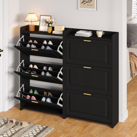 Scarpiera da ingresso con 3 ante a ribalta, maniglie dorate, MDF nero, classe A - 2 pezzi, 70x30x120 cm