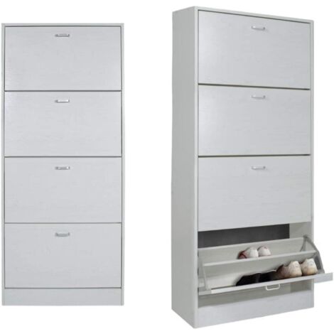 Scarpiera da Ingresso Salvaspazio 4 Ante Doppie a Ribalta, Mobile Porta Scarpe Slim in Legno Moderno Bianco - cm 63x24x155