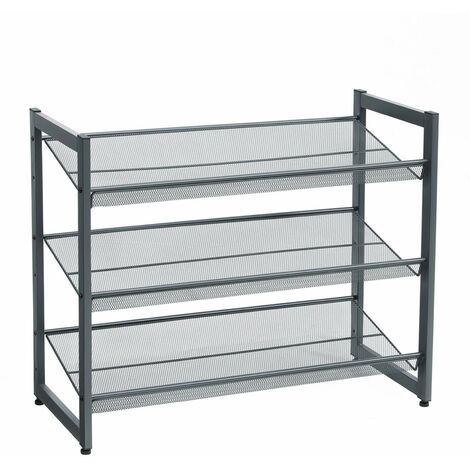 Scarpiera di Rete Metallica a 3 Piani, Ripiani Regolabili Piani o Inclinati, Mobile Portaoggetti Impilabile per l'Ingresso, 74 x 31 x 62.8cm, Grigio