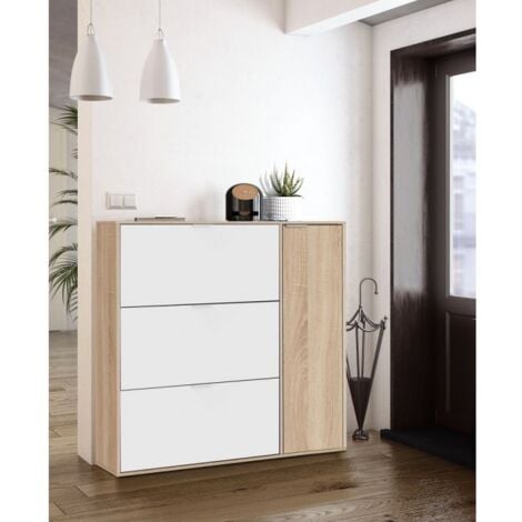 Scarpiera doppia profondità 106x22x115 cm con 3 ribalte e 1 anta bianco opaco e rovere canadese – Russia
