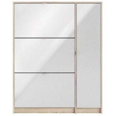 Scarpiera doppia profondità 124 cm bianco lucido e rovere con 3 ribalte ed un’anta - Cuba
