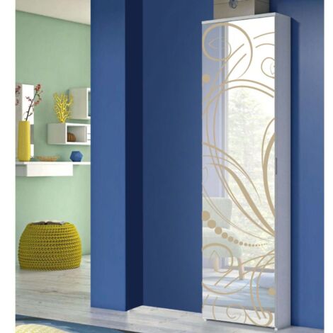 Scarpiera Fari 1 anta battente a specchio in finitura Bianco con anta decorata floreale beige