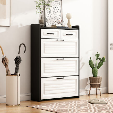Scarpiera girevole, 80 x 23,5 x 131 cm, 3 ante a ribalta + 2 cassetti, truciolare, bianco e nero
