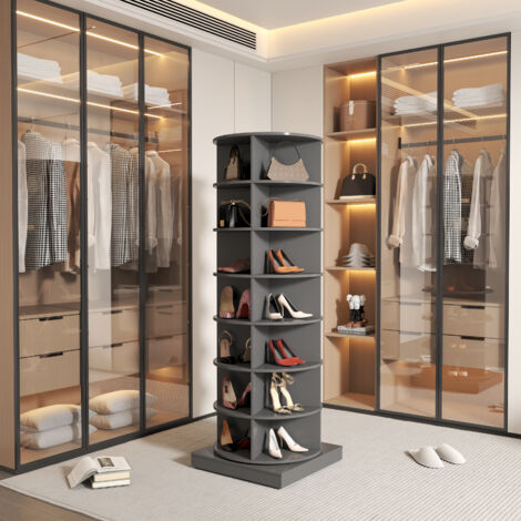 Scarpiera ingresso 60,96x60,96x165cm, rotazione a 360°, 7 ripiani, può contenere 28 paia di scarpe, MDF e pannello truciolare, grigio