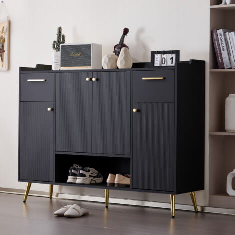 Scarpiera laccata nera, scarpiera con 2 cassetti e 4 ante, gambe in metallo, 130x37x100
