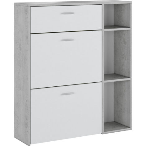 Scarpiera Mobile Portascarpe Salvaspazio Ingresso Con 2 Ribalte Doppia Profondità 1 Cassetto 3 Vani A Giorno Design Moderno Per Corridoio Sala 90 x 101.5 x 26 Cm Bianco e Grigio Cemento