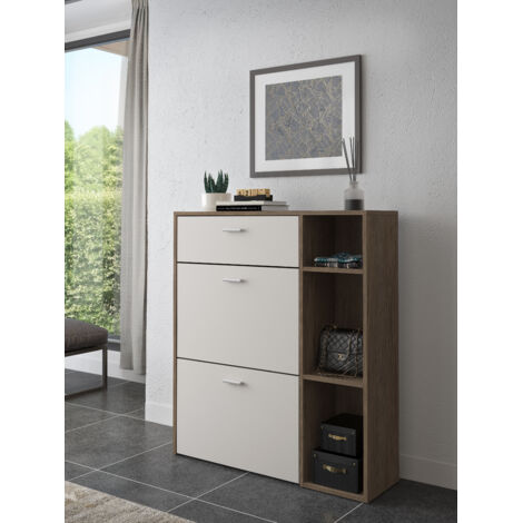 Scarpiera Mobile Portascarpe Salvaspazio Ingresso Con 2 Ribalte Doppia Profondità 1 Cassetto 3 Vani A Giorno Design Moderno Per Corridoio Sala 90 x 101.5 x 26 Cm Bianco e Noce