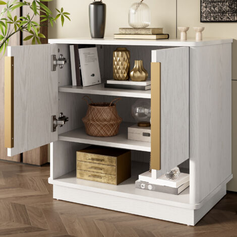 Scarpiera, mobiletto compatto da ingresso con 2 ante e un ripiano aperto, MDF, effetto legno bianco, 60x40x61 cm