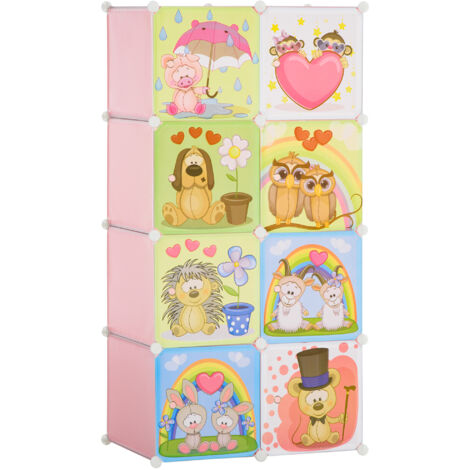 Scarpiera modulare mobile - salvaspazio, design animali, 8 cubi 35x45x35cm, PP e acciaio, 74x47x144cm, rosa