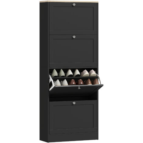 Scarpiera per 24 paia, con 4 cassetti a ribalta e ripiani regolabili, 60 x 23,5 x 151 cm, nera.