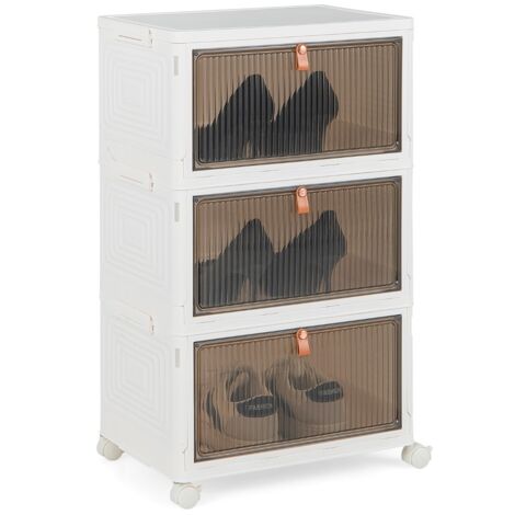 Scarpiera pieghevole a 3 piani con porte magnetiche ruote bloccabili, Mobile scarpe impilabile Bianco 40x27,5x64cm
