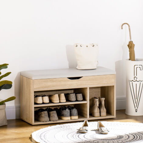 Scarpiera Salvaspazio da Ingresso Imbottita, Mobile da Ingresso con Scarpiera, con 3 Scomparti, Seduta in Pelle PU, per Soggiorno e Corridoio, 80x30x43 cm, Color Legno