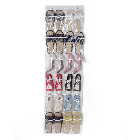 Scarpiera salvaspazio, scarpiera sopra la porta, scarpiera sospesa, 24 scomparti con 3 ganci, 48L x 163H, bianco + trasparente