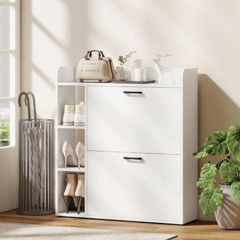 Scarpiera Salvaspazio Slim con 2 Ante a Ribalta, Scarpiera Ingresso con 3 Vani Aperti, Ripiani Regolabili, Piano Superiore, Porta Scarpe per 15 Paia in Legno con Maniglia, 83x24x90.5 cm, Bianco