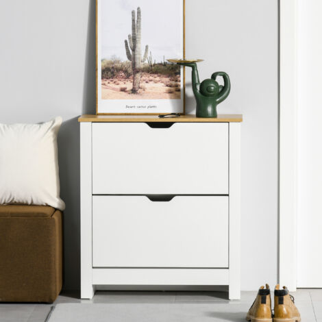 Scarpiera Salvaspazio Slim con 2 Ante a Ribalta, Scarpiera Ingresso con Ripiani Regolabili su 2 Livelli e Base Rialzata, Porta Scarpe per 12 Paia con Maniglia a Incavo, 72x26x80 cm, Bianco