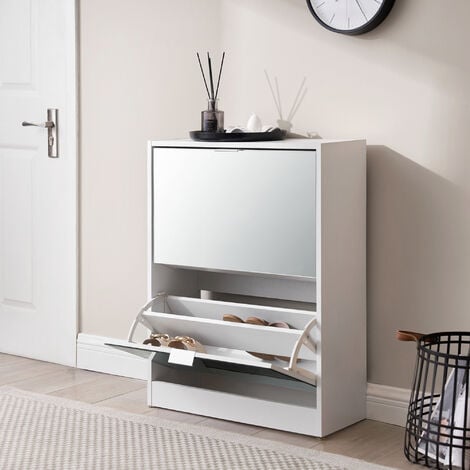Scarpiera Salvaspazio Slim con 2 Contenitori Ribaltabili Portascarpe da Ingresso con Ante a Specchio - Bianco [en.casa]