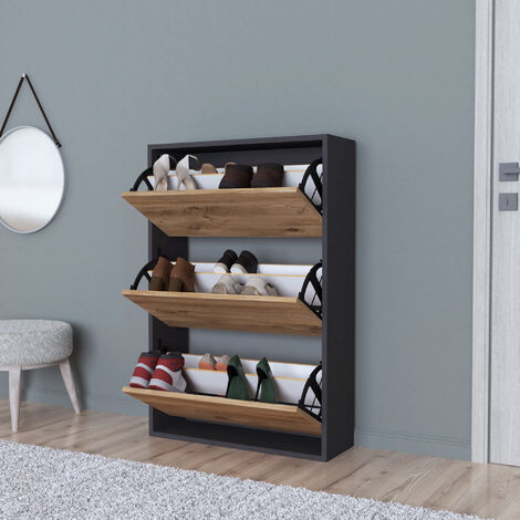 Scarpiera Salvaspazio Slim con 3 Contenitori Ribaltabili Portascarpe Stretto da Ingresso Capienza 18 Paia 110 x 73,5 x 24 cm - Antracite / Effetto Rovere [en.casa]