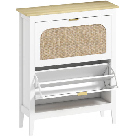 Scarpiera Slim Stile Boho con 2 Cassetti Ribaltabili per 14 Paia di Scarpe 80x24x95,5 cm Anta con Pannello in Rattan Bianco
