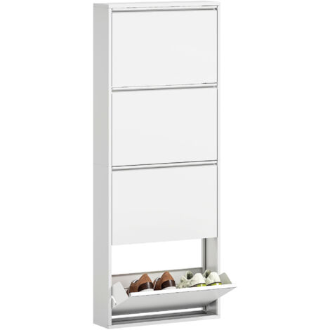 Scarpiera stretta in metallo bianco, con capacità fino a 8 paia di scarpe e 4 cassetti a ribalta. Ideale per l'ingresso o il corridoio.