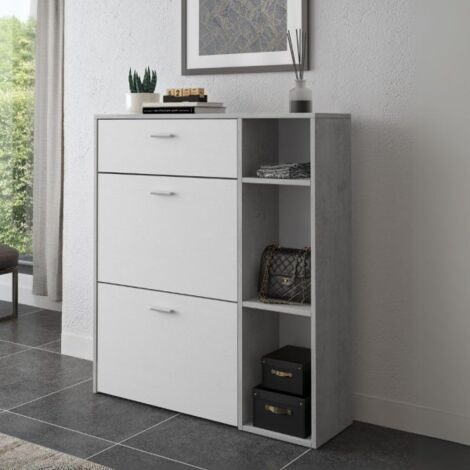 Scarpiera Takimi con 2 ante a ribalta 1 cassetto colore cemento e bianco