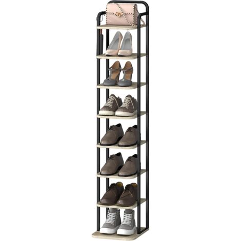 Scarpiera verticale a 8 livelli, Scaffale Portascarpe, scarpiera salvaspazio, 2 Ganci, per Ingresso, Soggiorno, Camera da Letto, Avorio Chiaro E Nero