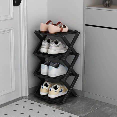 Scarpiera verticale, design compatto, struttura in bambù, pieghevole, autoportante, ideale per ingressi e corridoi (Nero, 4 livelli)