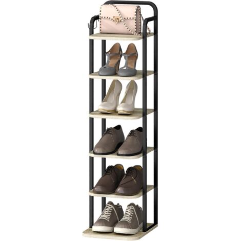 Scarpiera verticale, scarpiera a 6 livelli, Scaffale Portascarpe, scarpiera salvaspazio, 2 Ganci, per Ingresso, Soggiorno, Camera da Letto, Avorio Chiaro e Nero