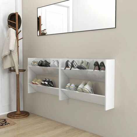 Scarpiera 60x24 cm doppio ripiano in legno bianco con specchio - Sonic