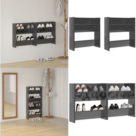 Scarpiere a Muro 2pz Grigio Lucido 60x18x60cm Legno Multistrato - Scarpiera da parete - Scarpiera in legno