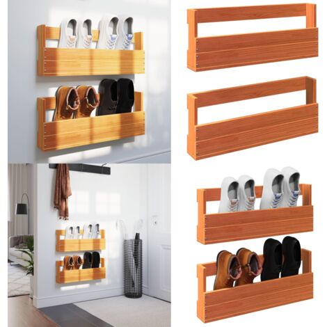 Scarpiere a Parete 2 pz Marrone Cera Legno Massello di Pino - Scaffale per scarpe - Scaffale da parete