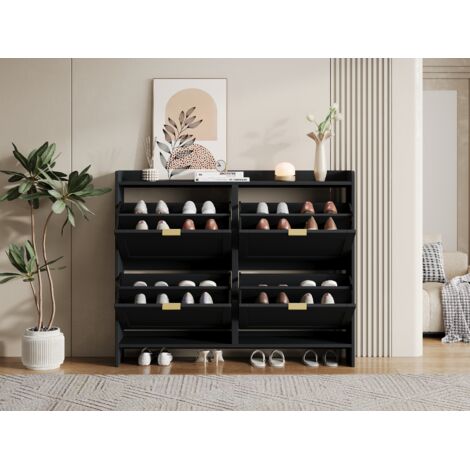 Scarpiere Nero 110x24x90 cm, 4 Ribalte, Ripiani Aperti, Ingresso