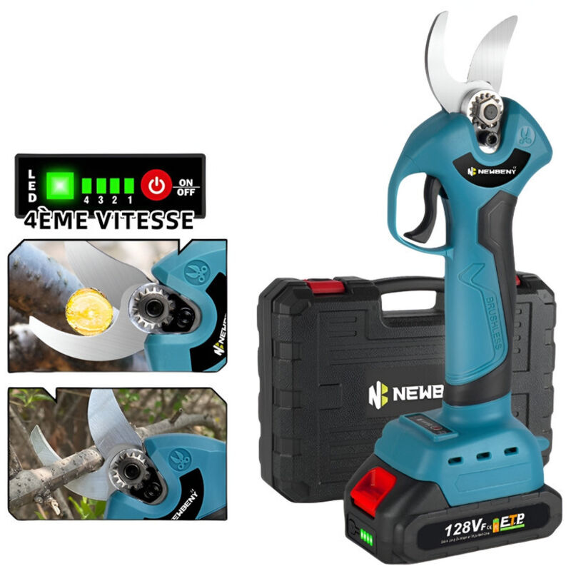 Sécateur électrique 500W, 4 vitesses(10mm/25mm/30mm/45mm) ,Rechargeable secateur electrique a batterie - avec 2 batteries et 1 chargeur