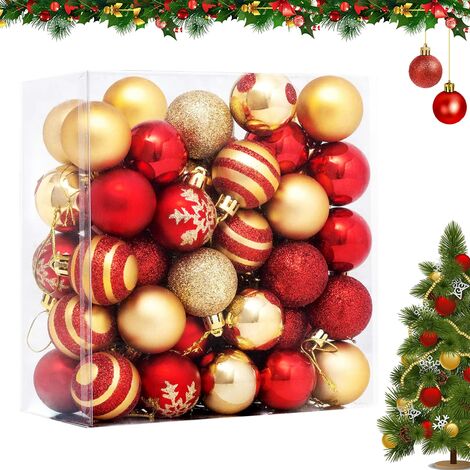 Scatola di palline di Natale in plastica, 50 pezzi, palline di Natale da appendere infrangibili, set di palline di Natale, per la decorazione della festa nuziale dell'albero di Natale (rosso e oro)