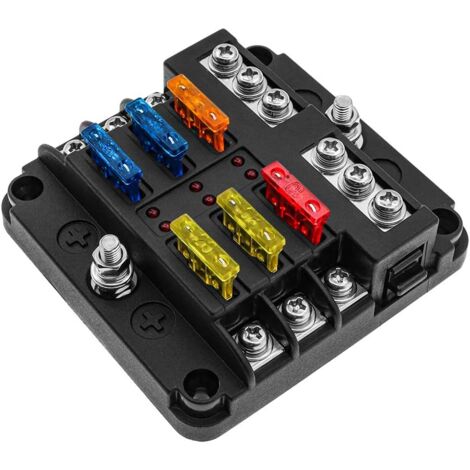 MEMKEY Scatola fusibili 12V a 6 vie, blocchi fusibili a lama portafusibili con 16 fusibili 6 indicatori LED Copertura protettiva per 12V/24V Auto Automobili Barche Marine Camion SUV