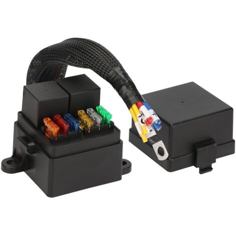 Scatola fusibili pre-cablata con 2 alloggiamenti relè e 6 portafusibili ATC/ATO, 2 relè DC 12V 4 pin 80A, 6 fusibili ATC/ATO, blocco fusibili universale impermeabile per auto, camion, barche, camper.