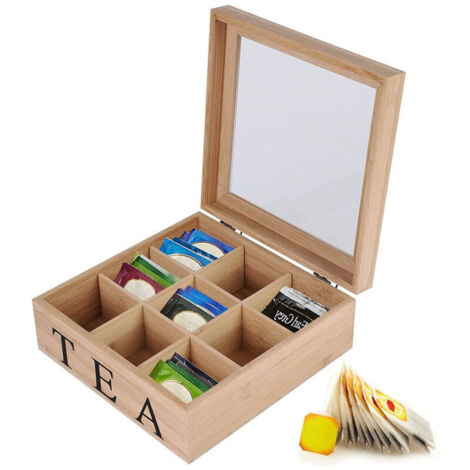 Scatola in bambù con finestra trasparente, porta tè, legno, 9 scomparti, 23 x 23 x 9 cm, naturale