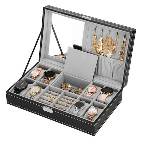 Scatola per orologi 33x20x9 cm organizzatore nero-grigio con scomparti ecopelle