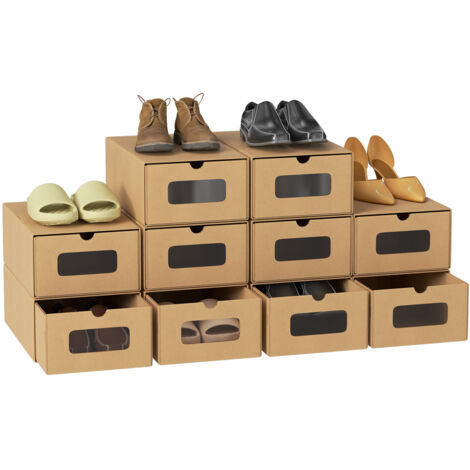 Scatola per scarpe - Set di 10 - Carta kraft - con cassetto - Impilabile - 35 cm x 23 cm x 13 cm Scaffale di stoccaggio marrone