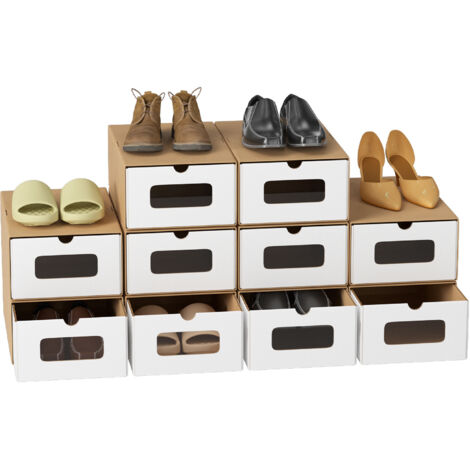 Scatola per scarpe - Set di 10 - Carta kraft - con cassetto - Impilabile - 35 cm x 23 cm x 13 cm Scaffale di stoccaggio marrone/bianco