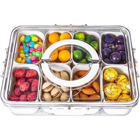 Scatola per snack individuale, cassetto suddiviso in scomparti con coperchio e maniglia, cassetto con 8 scomparti rimovibili, scatole per snack riutilizzabili per spezie, dolci, frutta, noci, patatine