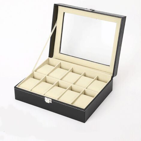 Scatola porta orologi con 12 scomparti, per 12 orologi, con rivestimento interno in morbido velluto, ideale per esporre e riporre gli orologi.